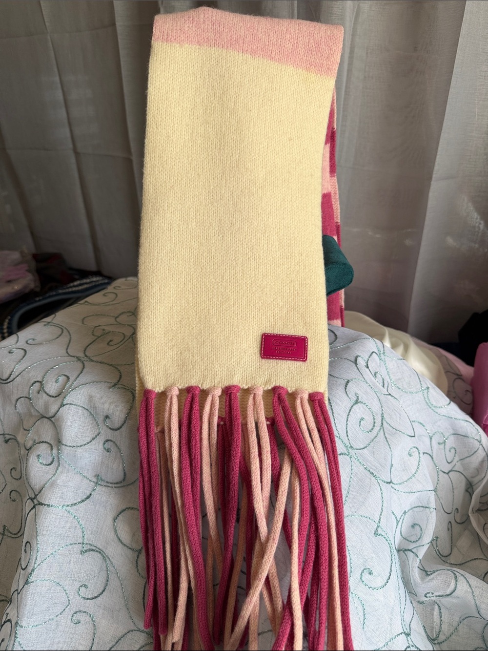 Coach Pink & Cream Fringe Lambs Wool Scarf